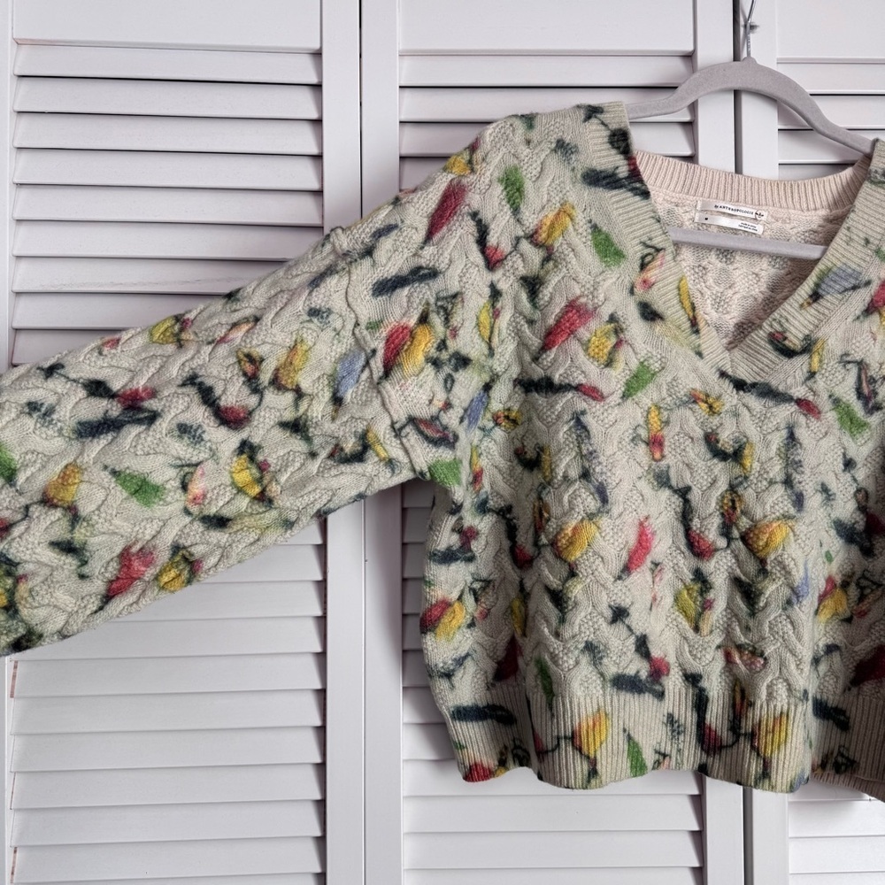 Anthropologie Catch of the Day Lambswool Cable Knit Sweater V-neck Birds Medium - Picture 5 of 10